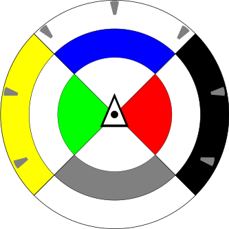 multi-colored logo with fiducial roundel, reference colors, and dot-in-triangle datum mark